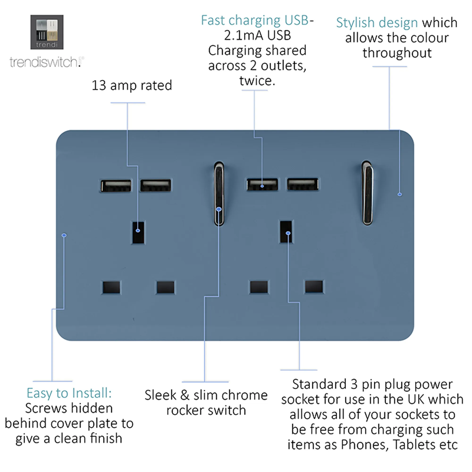 2 Gang 13Amp Switched Double Socket With 4X 2.1Mah USB Sky ART-SKT213USBSK  Trendi Sky